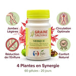 Veino H gélules vegan avec 4 plantes, jambes légères et circulation optimale
