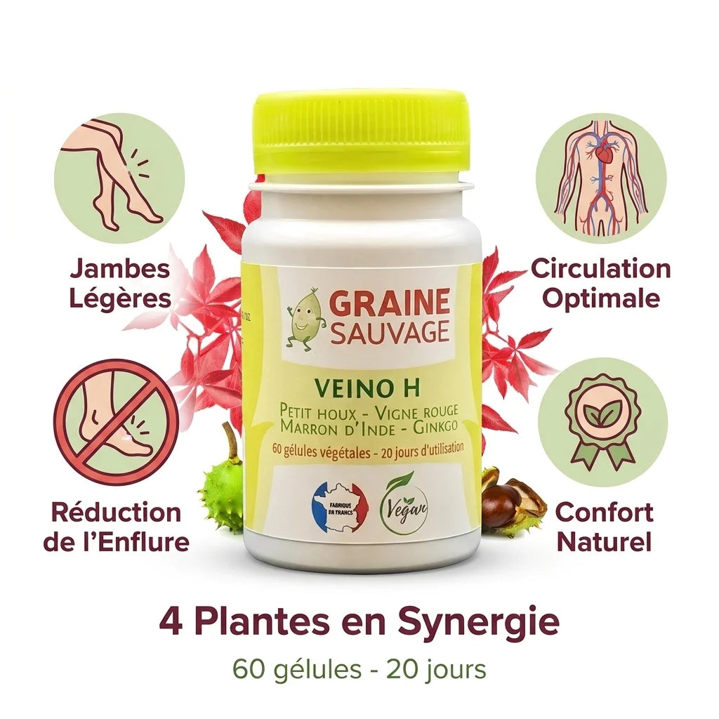 Veino H gélules vegan avec 4 plantes, jambes légères et circulation optimale