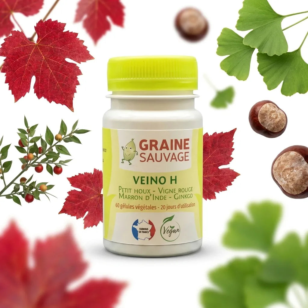 Veino H gélules vegan Graine Sauvage avec ingrédients botaniques naturels sur fond blanc