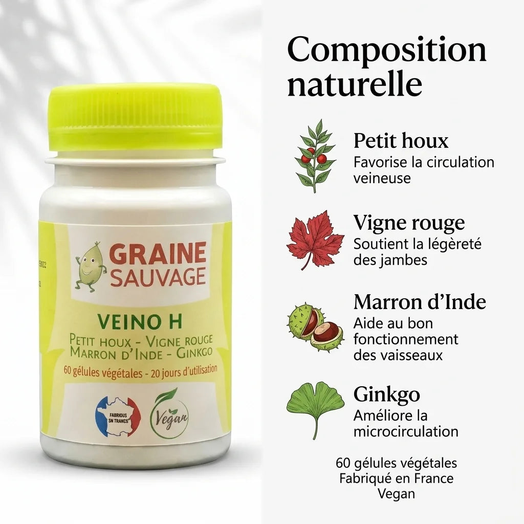 Veino H gélules vegan avec ingrédients naturels petit houx vigne rouge marron d'Inde ginkgo