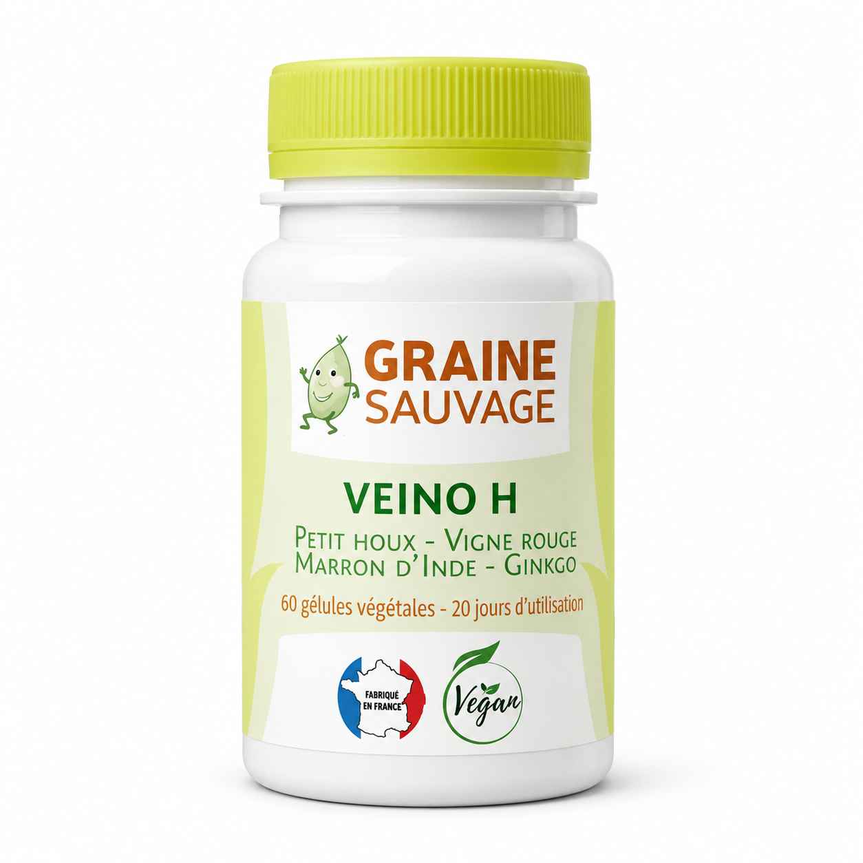 Flacon Veino H Vegan en gélules avec bouchon jaune-vert sur fond blanc