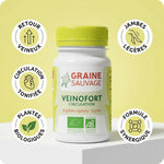 Veinofort Bio 90 gélules Graine Sauvage avec icônes bénéfices circulation veineuse jambes légères
