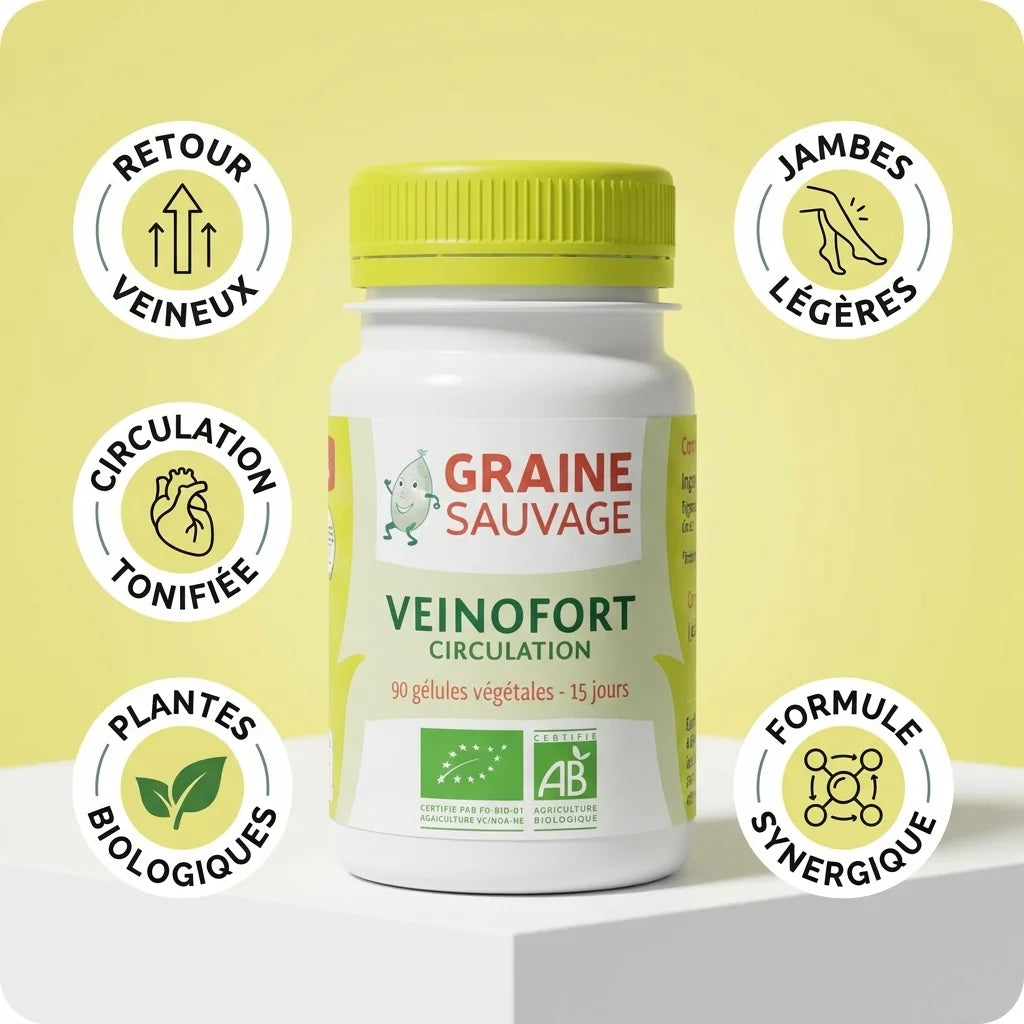 Veinofort Bio 90 gélules Graine Sauvage avec icônes bénéfices circulation veineuse jambes légères