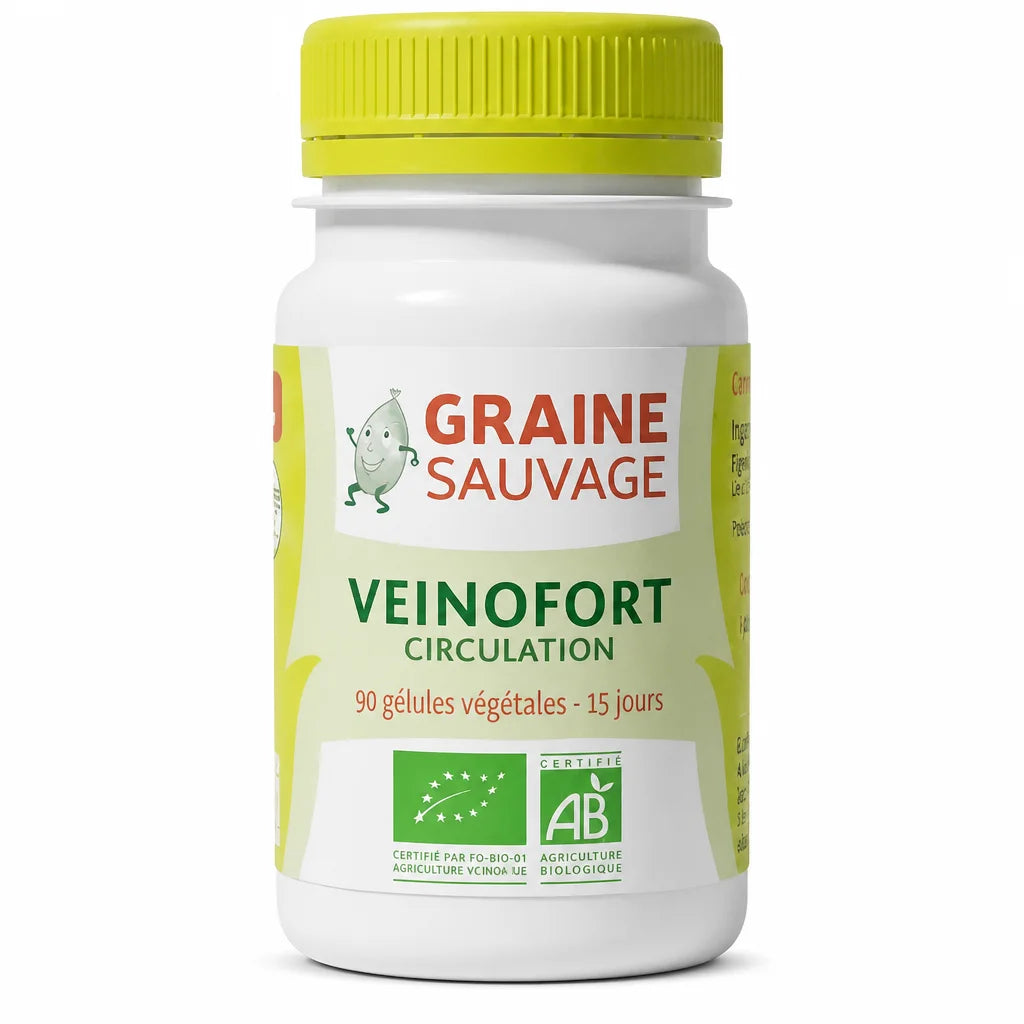 Veinofort bio 90 gélules Graine Sauvage flacon blanc avec bouchon jaune-vert sur fond blanc