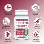Veinoline Bio gélules vegan avec icônes circulation, jambes légères et bien-être vasculaire
