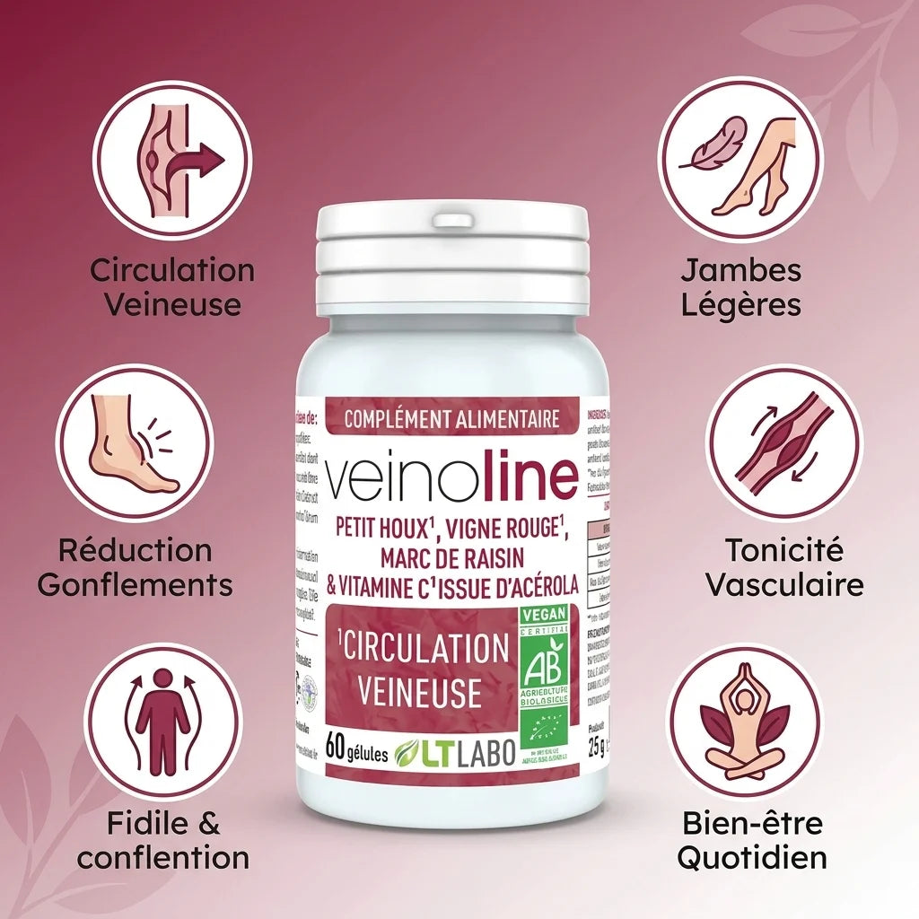 Veinoline Bio gélules vegan avec icônes circulation, jambes légères et bien-être vasculaire
