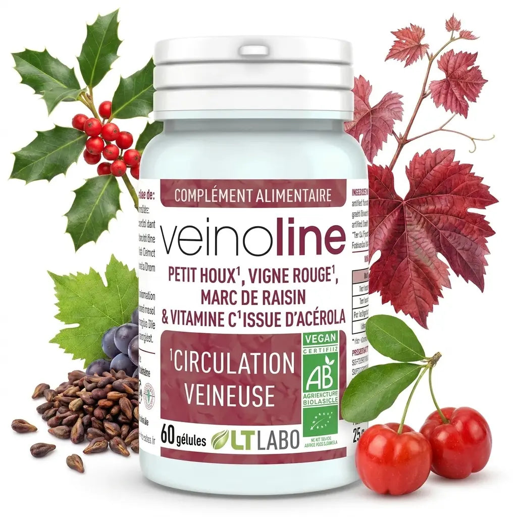 Veinoline Bio vegan en gélules avec ingrédients naturels petit houx vigne rouge et vitamine C acérola