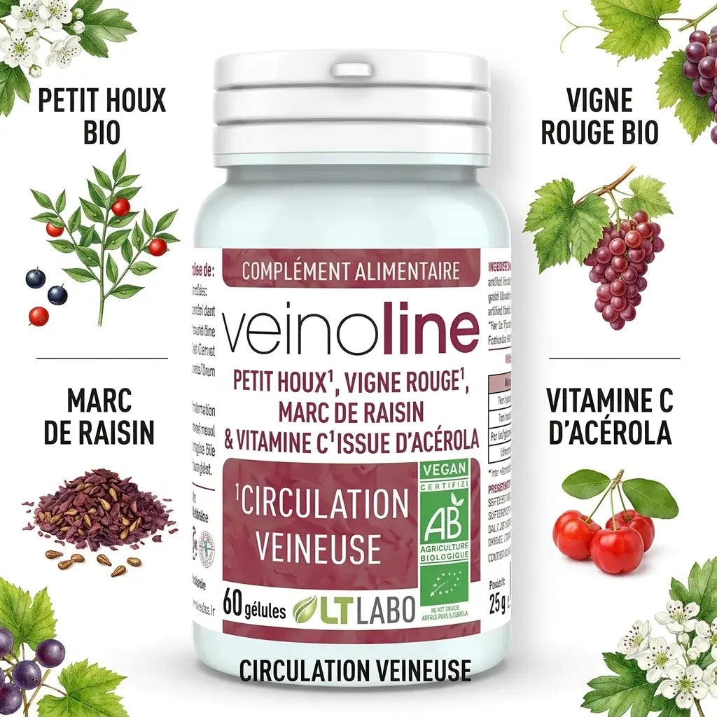 Veinoline bio vegan gélules avec ingrédients naturels petit houx vigne rouge et vitamine C