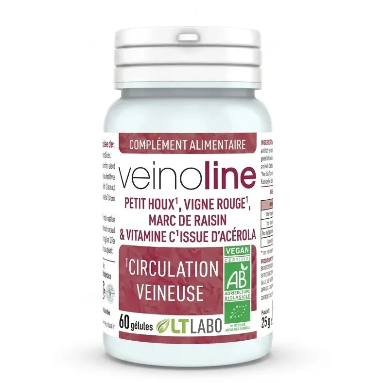 Flacon de Veinoline bio vegan en gélules avec certification AB sur fond blanc