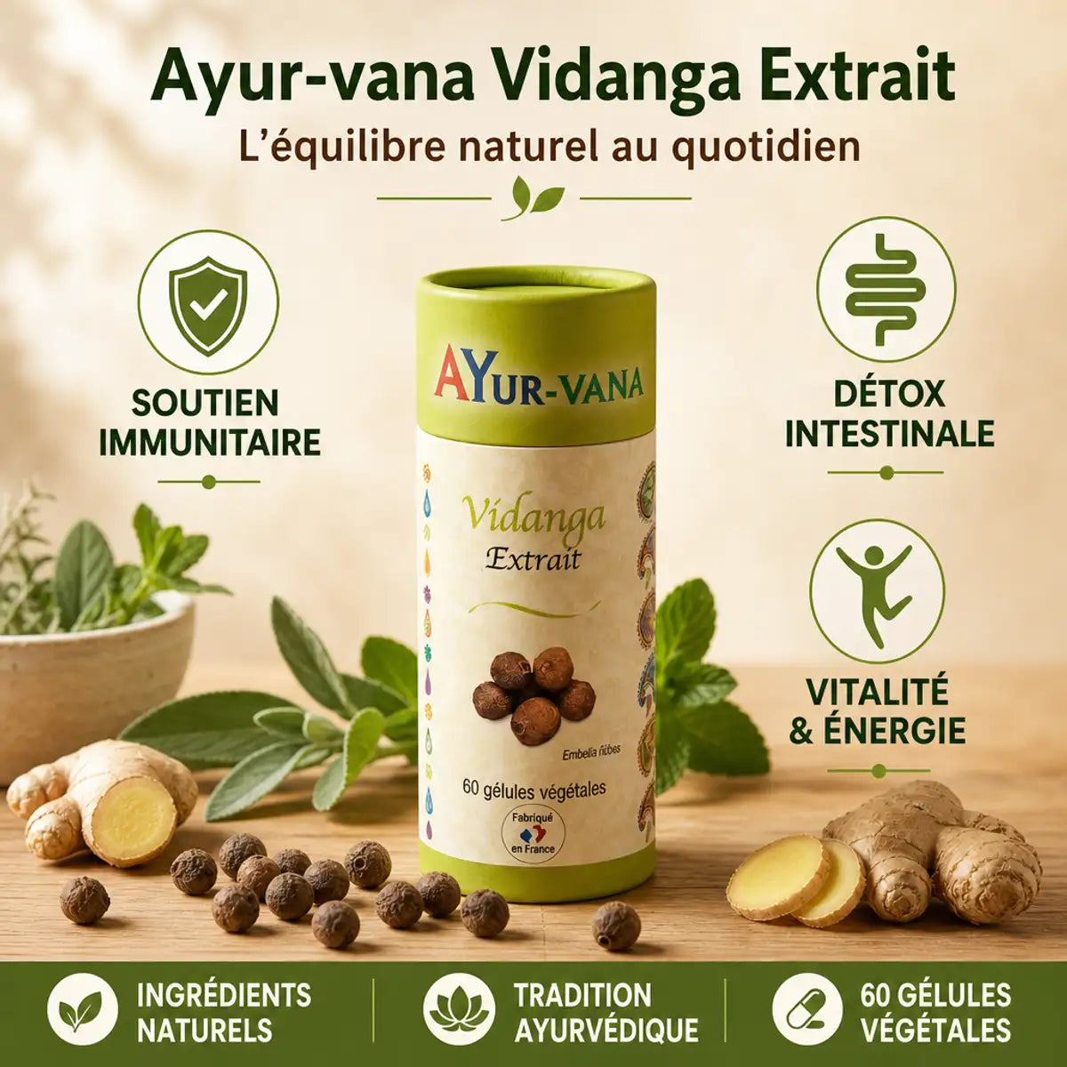 Vidanga Extrait Ayur-vana 60 gélules avec bénéfices immunitaires et détox intestinale