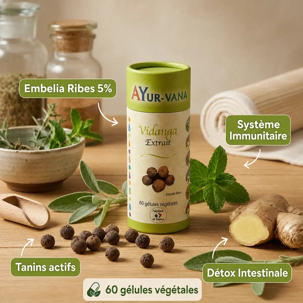 Vidanga Embelia ribes extrait gélules Ayur-vana avec ingrédients naturels et capsules végétales