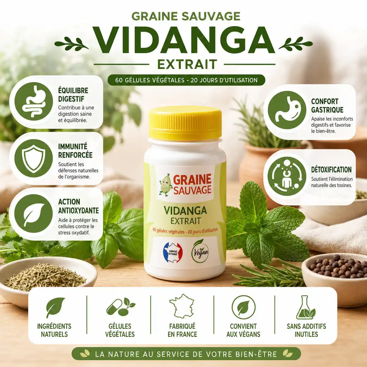 Vidanga extrait 60 gélules Graine Sauvage avec 5 bénéfices digestifs, immunité et détoxification