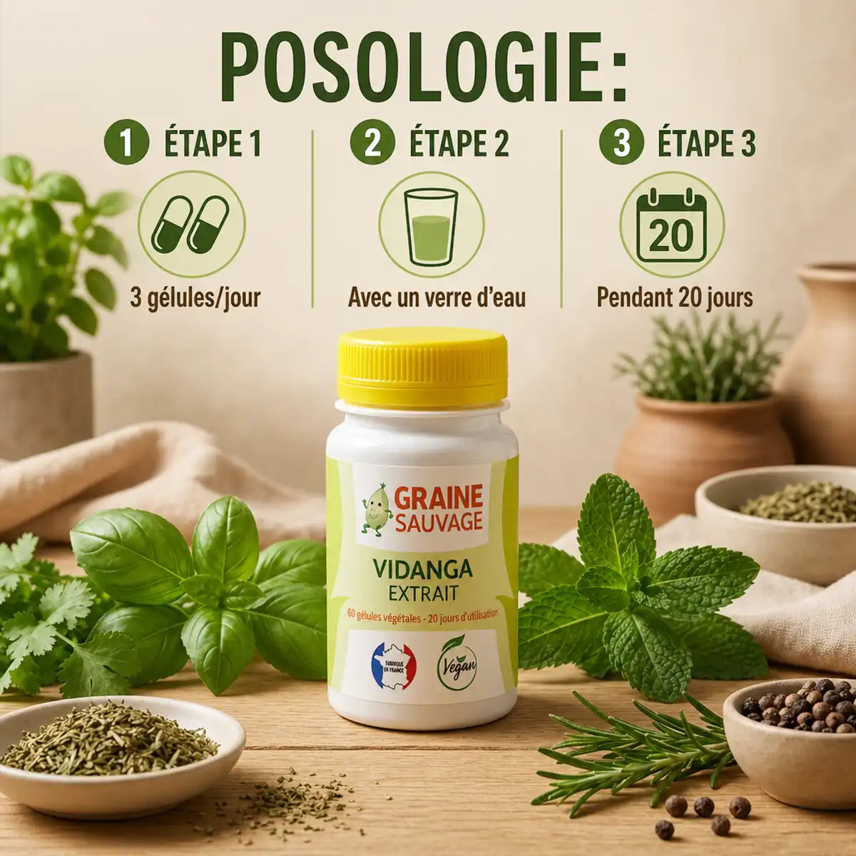 Vidanga Extrait 60 gélules Graine Sauvage avec posologie, herbes et ingrédients naturels