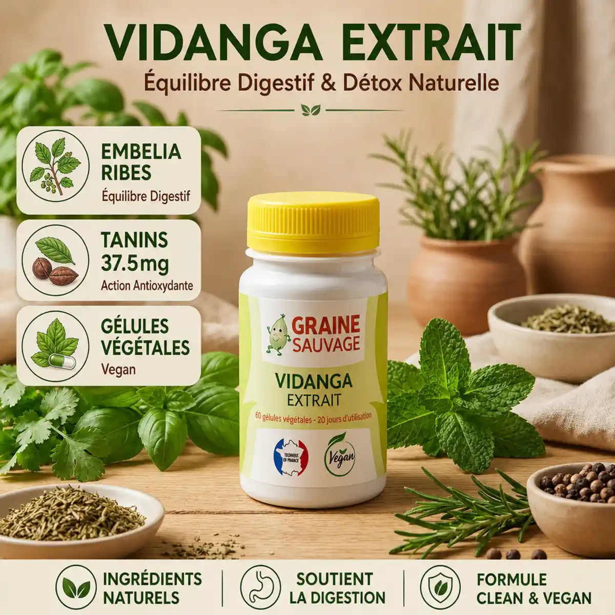 Vidanga extrait 60 gélules Graine Sauvage avec herbes médicinales et ingrédients naturels pour équilibre digestif