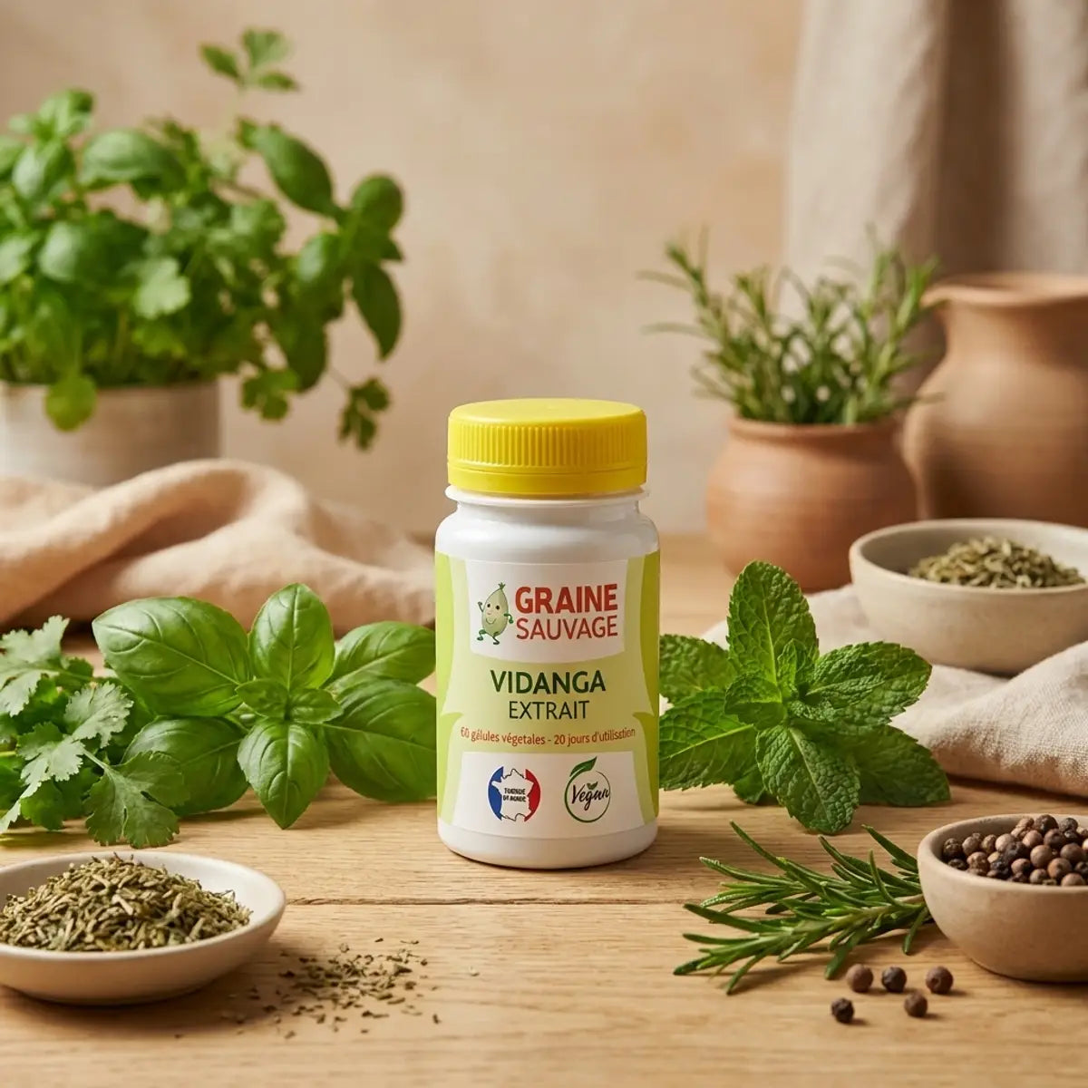 Vidanga extrait 60 gélules Graine Sauvage avec herbes naturelles sur surface bois