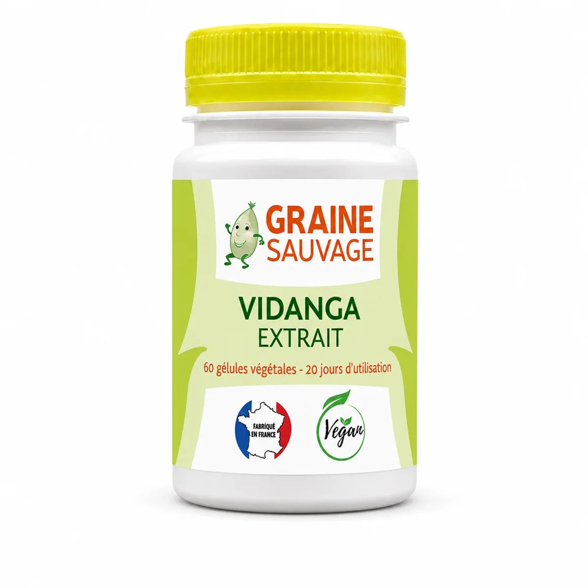 Vidanga Extrait 60 gélules Graine Sauvage - Flacon blanc avec bouchon jaune-vert