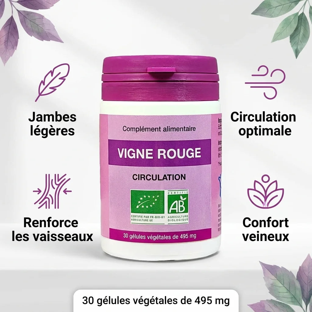 Complément Vigne Rouge bio vegan en gélules avec bénéfices circulation et jambes légères