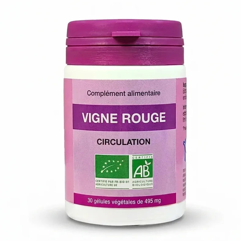 Flacon de Vigne Rouge bio et vegan en gélules 495mg certifié AB sur fond blanc