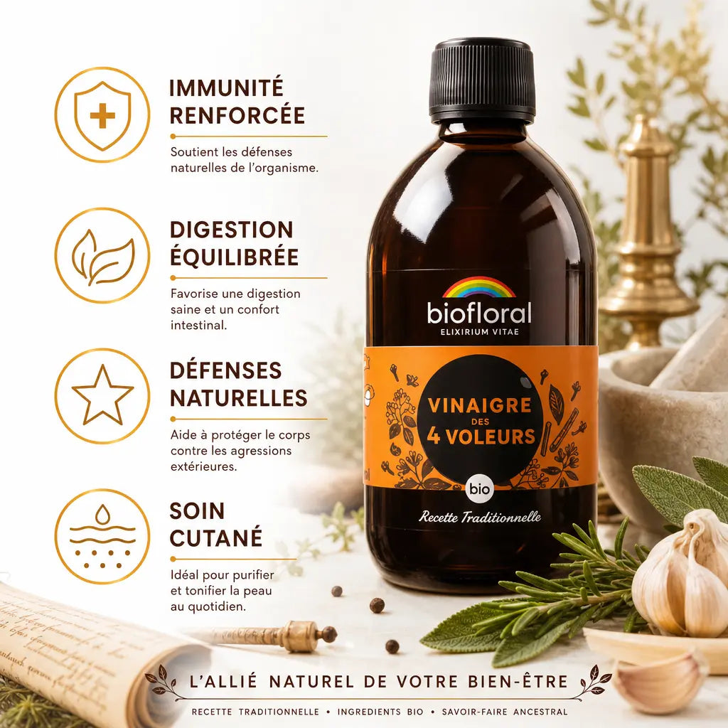 Vinaigre des 4 Voleurs Bio 500ml Biofloral avec bénéfices immunité, digestion, défenses et soin cutané