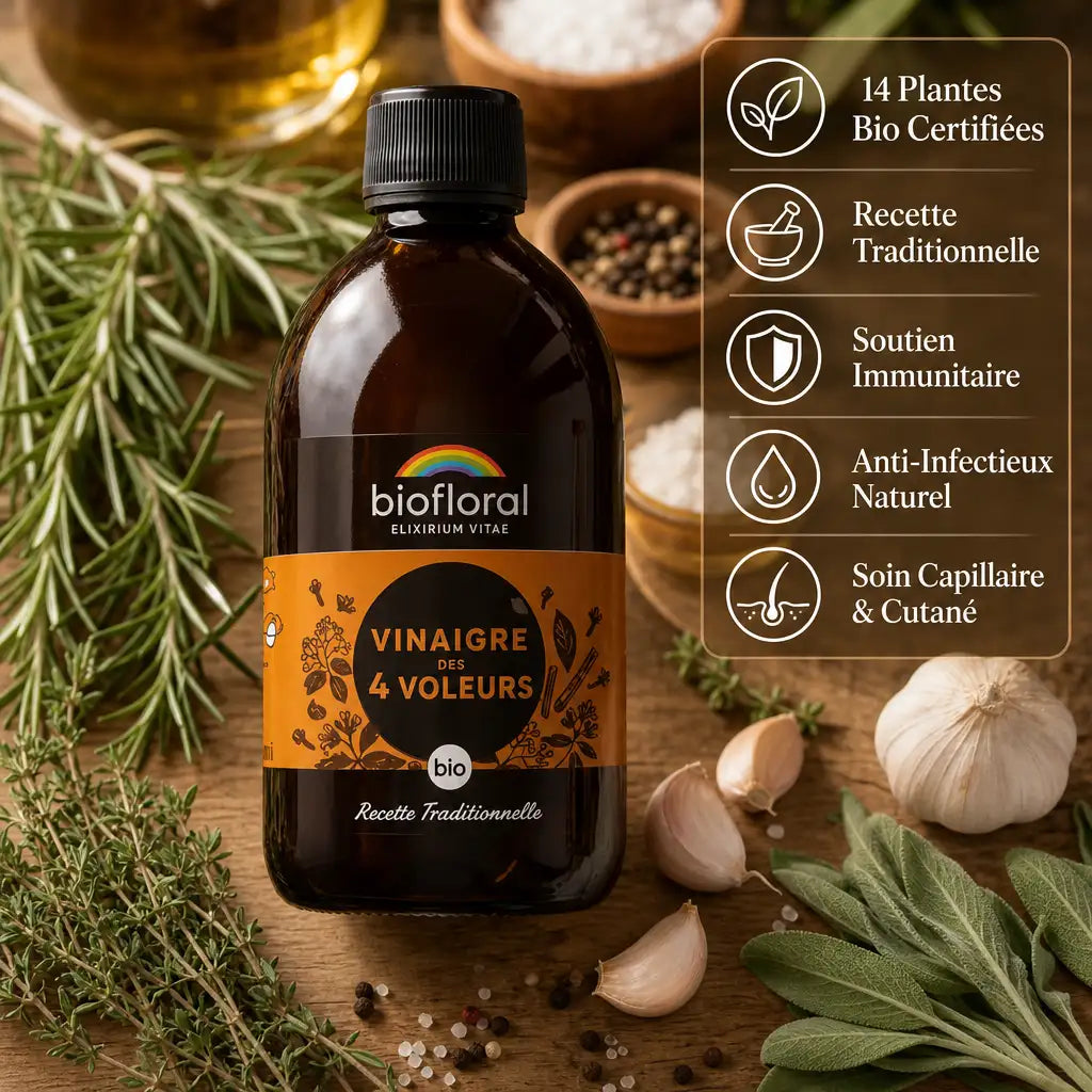 Vinaigre des 4 Voleurs Bio Biofloral 500ml avec 14 plantes bio certifiées et infographie des bénéfices