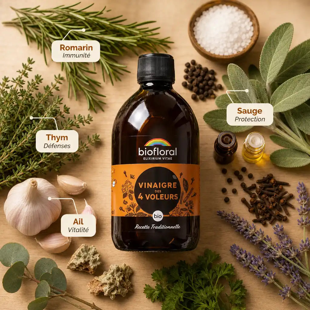 Vinaigre des 4 Voleurs Bio Biofloral 500ml avec ingrédients organiques : romarin, thym, ail, sauge