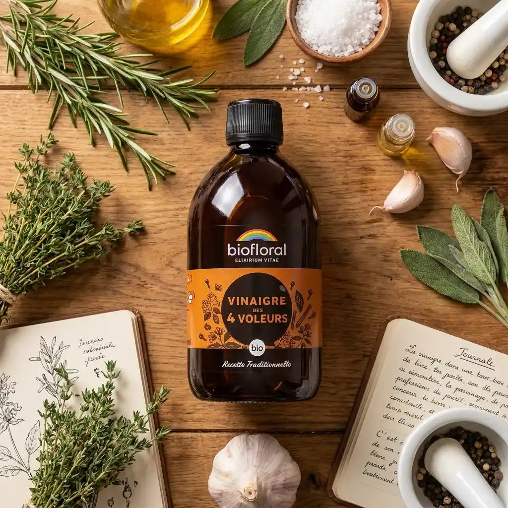Vinaigre des 4 voleurs bio 500ml Biofloral avec herbes aromatiques et éléments naturels wellness