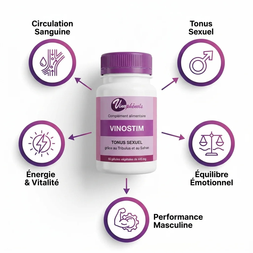 Vinostim gélules vinophénols - Infographie avantages circulation sanguine et énergie vitalité