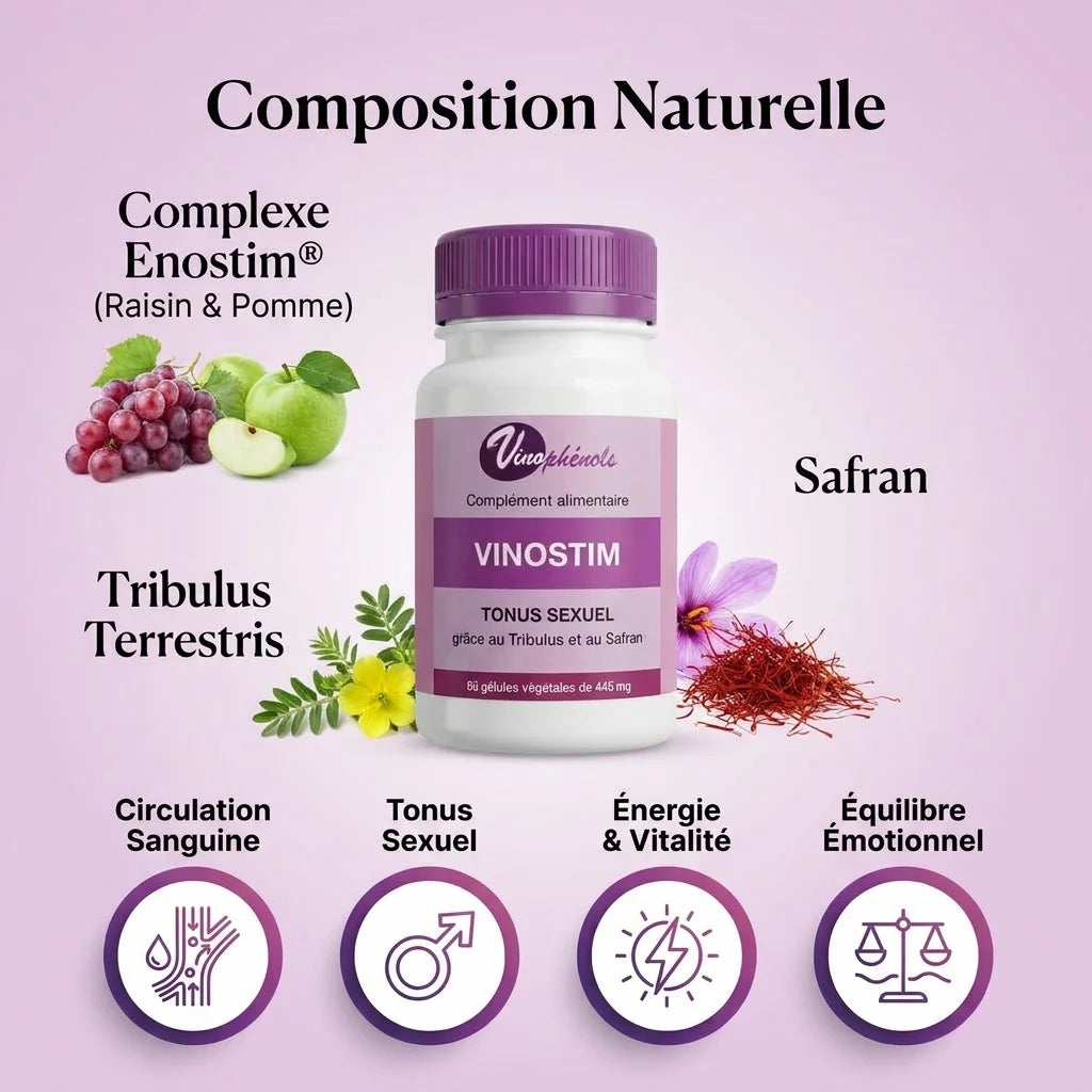 Vinostim gélules pourpres avec ingrédients naturels : Enostim, Tribulus Terrestris et Safran pour tonus et vitalité