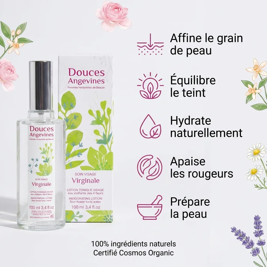 Virginale Lotion Douces Angevines avec 5 bénéfices : hydratation, teint équilibré, grain affiné, apaisement
