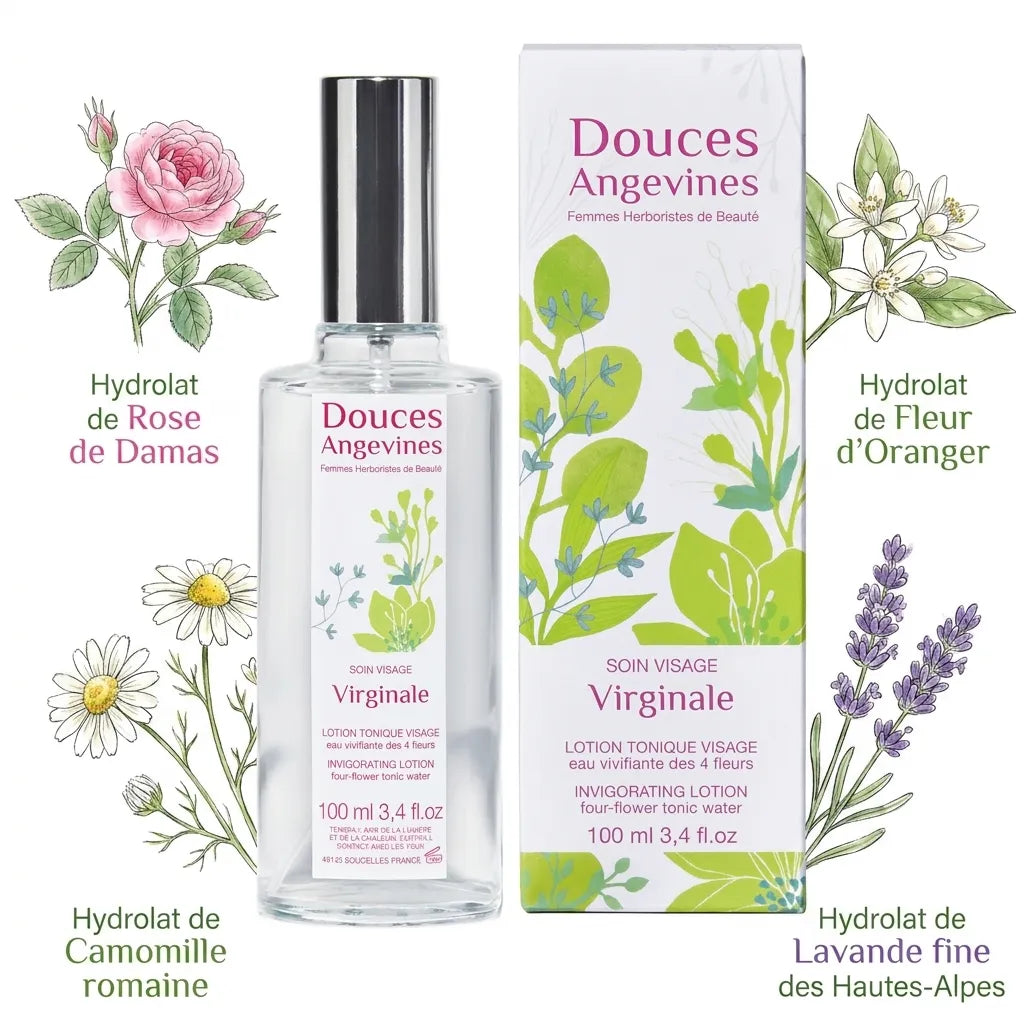 Virginale Lotion Douces Angevines avec ingrédients botaniques rose, oranger, camomille et lavande