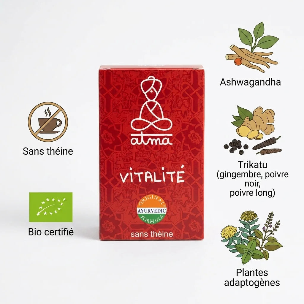 Virya Bio Vitalité sachés Atma avec ingrédients adaptogènes : ashwagandha, trikatu, bio certifié, sans théine