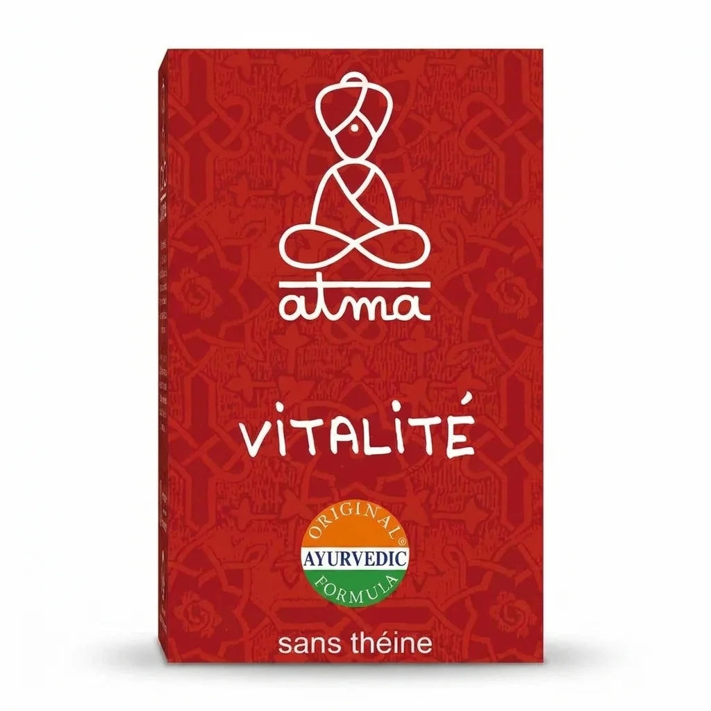 Virya Bio Vitalité sachets Atma - Boîte thé herbel bien-être packaging rouge logo méditation