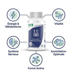 Supplément B12 vegan SFB 5000 methylcobalamine avec icônes de bénéfices: énergie, vitalité et système nerveux