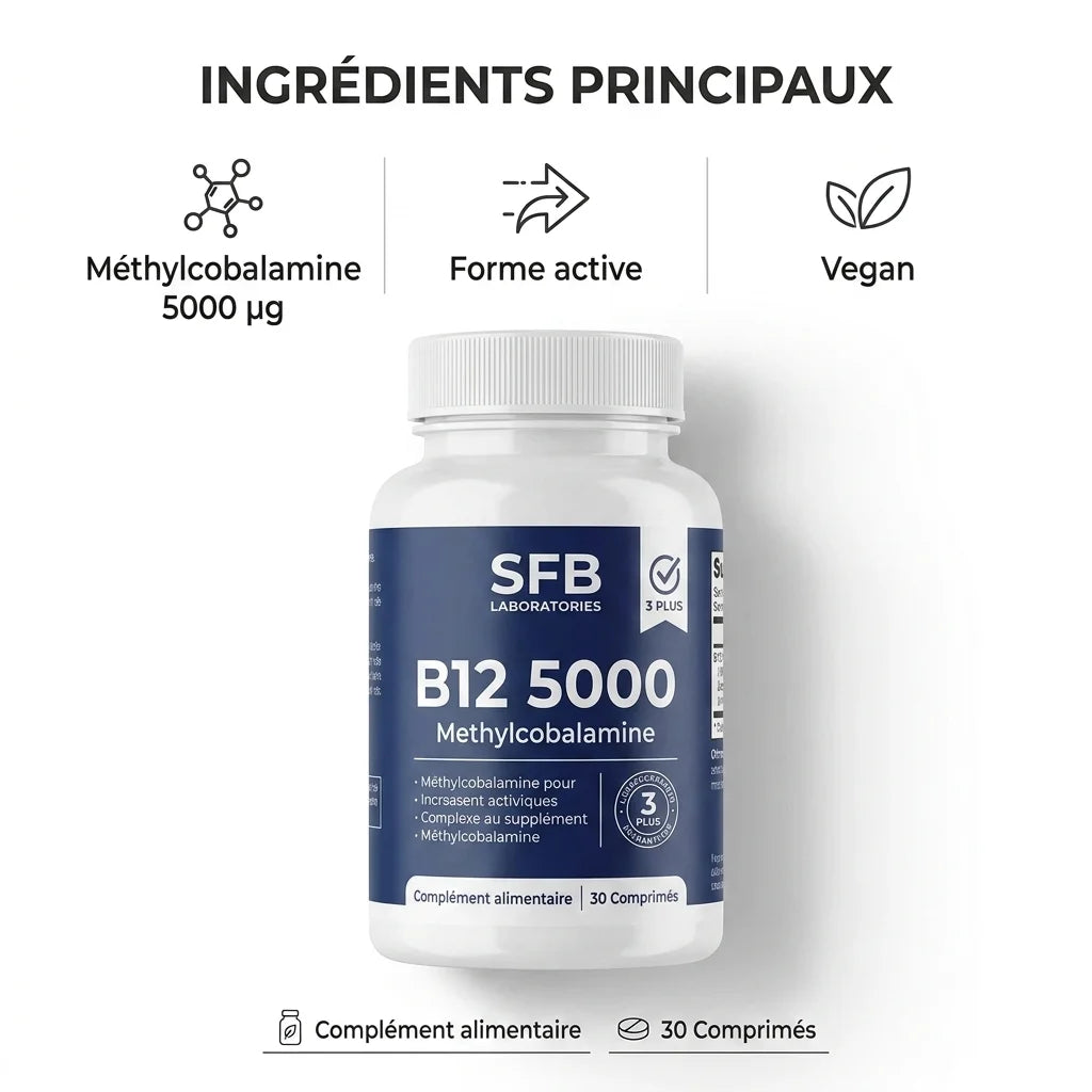 Bouteille SFB Vitamine B12 5000 vegan en comprimés avec infographie ingrédients et méthylcobalamine