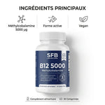 Bouteille SFB Vitamine B12 5000 vegan en comprimés avec infographie ingrédients et méthylcobalamine