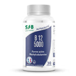 Flacon de vitamine B12 vegan SFB Laboratoires 5000 en comprimés sur fond blanc