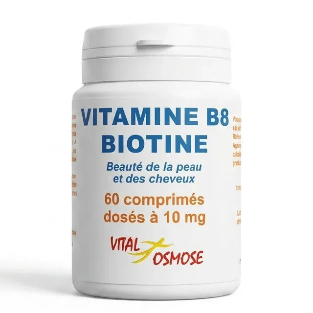 Flacon blanc Vitamine B8 Biotine Vital Osmose 60 comprimés sur fond blanc