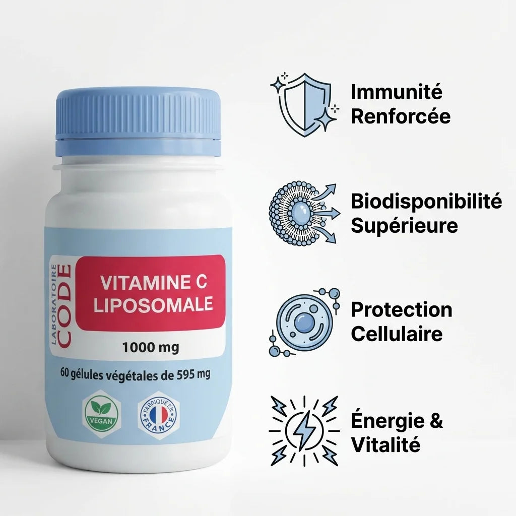 Vitamine C Liposomale 1000mg avec bénéfices : immunité, biodisponibilité, protection cellulaire, énergie