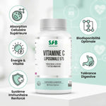Vitamine C Liposomale SFB 575 avec icônes bénéfices : absorption cellulaire, immunité, énergie et tolérance digestive
