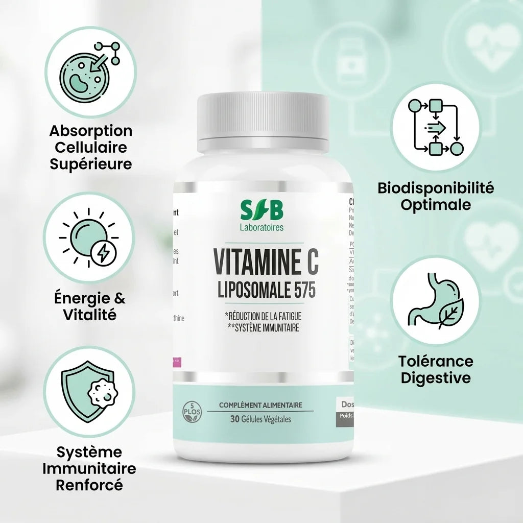 Vitamine C Liposomale SFB 575 avec icônes bénéfices : absorption cellulaire, immunité, énergie et tolérance digestive