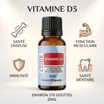 Vitamine D3 en compte-gouttes : flacon avec bénéfices santé osseuse, musculaire, immunité et dentaire