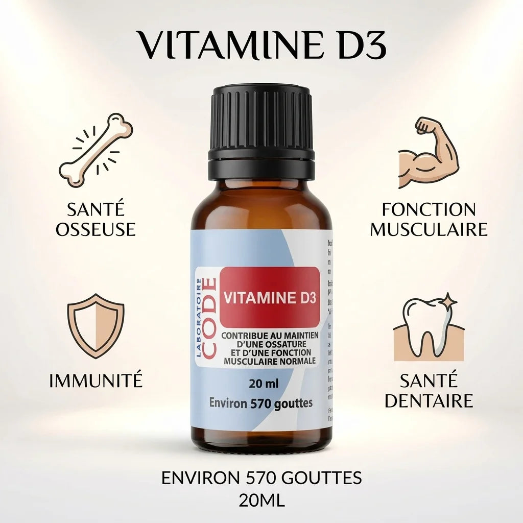 Vitamine D3 en compte-gouttes : flacon avec bénéfices santé osseuse, musculaire, immunité et dentaire