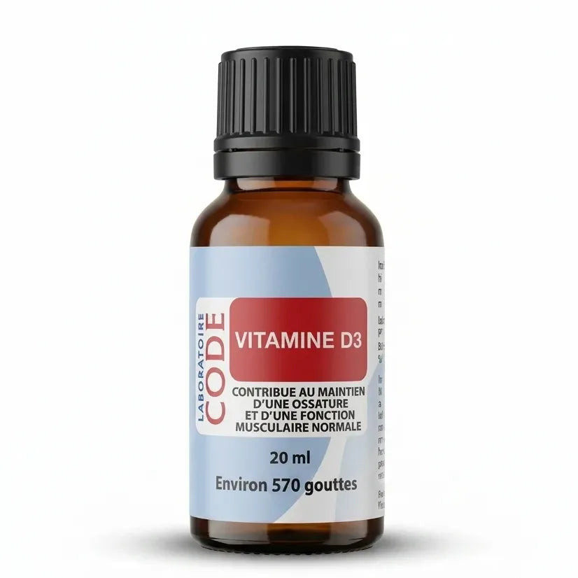 Flacon compte-goutte de Vitamine D3 en verre brun avec étiquette bleue et rouge