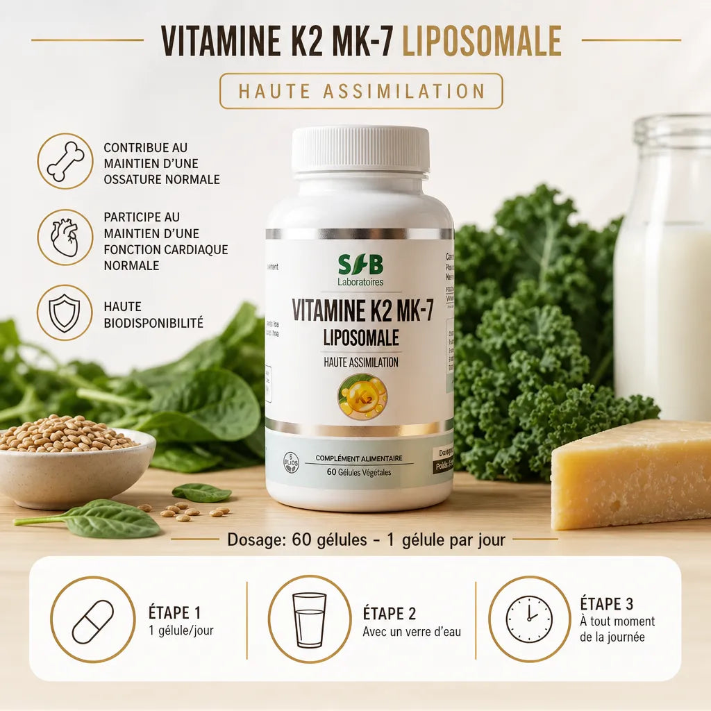 Vitamine K2 MK7 liposomale SFB 60 gélules avec instructions d'utilisation et aliments santé