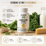 Vitamine K2 MK7 liposomale SFB 60 gélules avec instructions d'utilisation et aliments santé