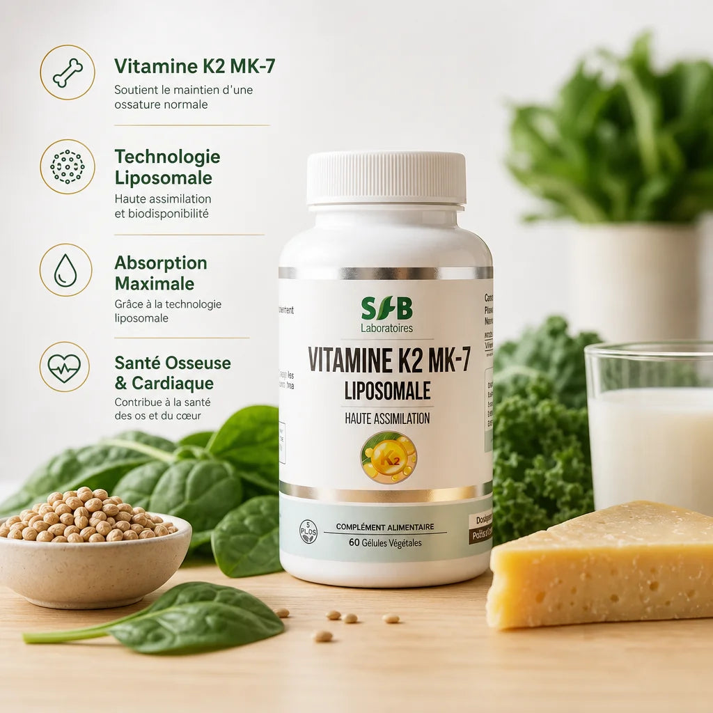 Bouteille Vitamine K2 MK7 liposomale SFB 60 gélules avec sources naturelles et ingrédients