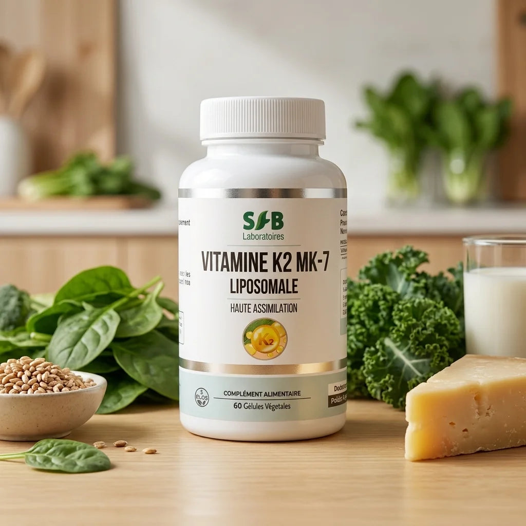 Vitamine K2 MK7 liposomale SFB entourée de légumes verts et aliments santé