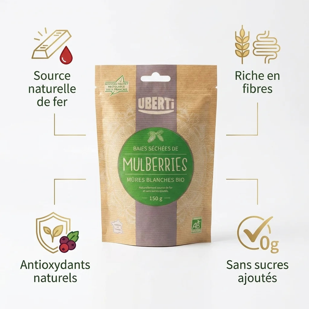 Mûres blanches bio 150g avec bénéfices : fer, fibres, antioxydants, sans sucres ajoutés