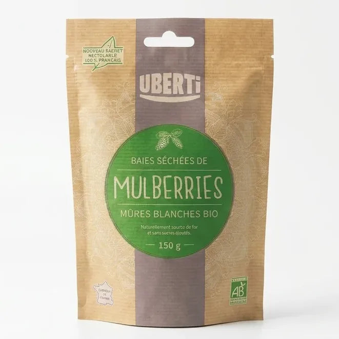 Sachet 150g de mûres blanches biologiques Uberti sur fond blanc
