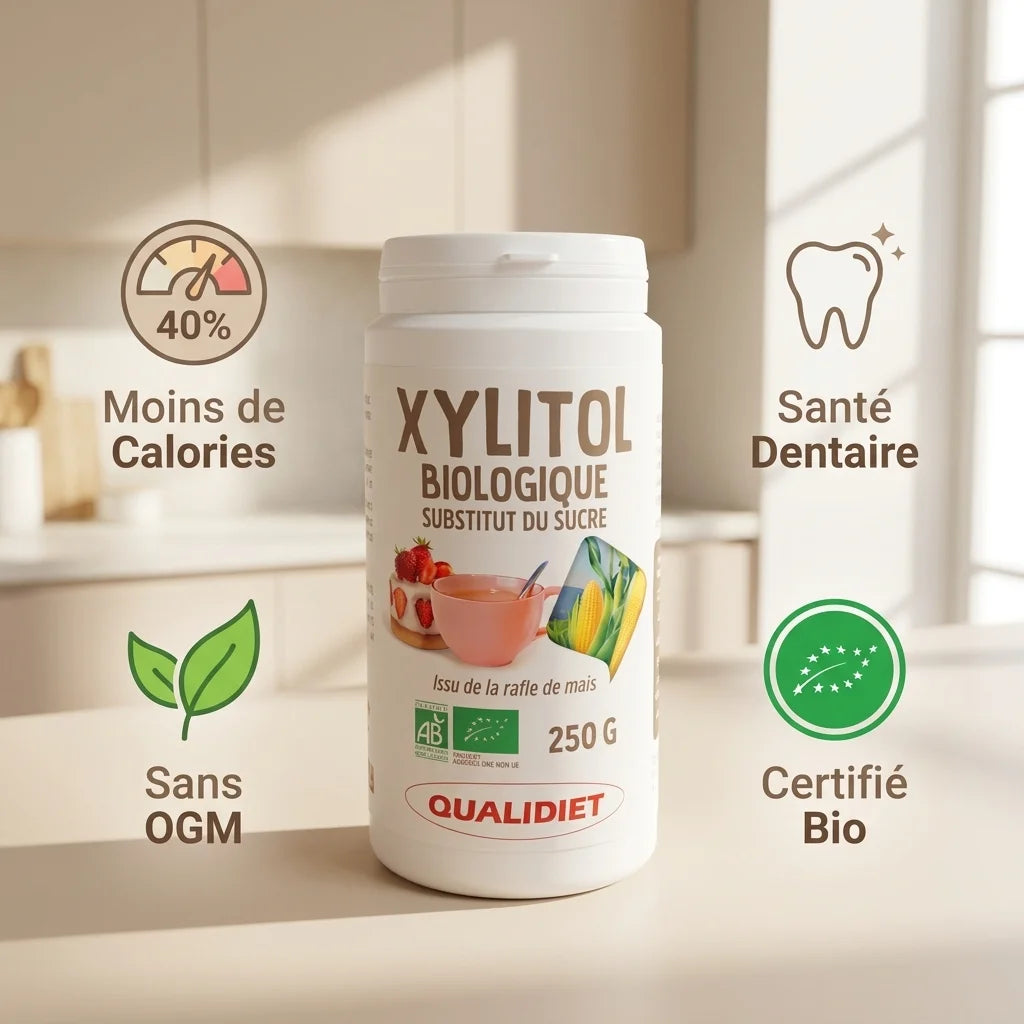 Pot de Xylitol Bio blanc 250G avec infographie des bénéfices: moins de calories, santé dentaire, sans OGM, certifié AB
